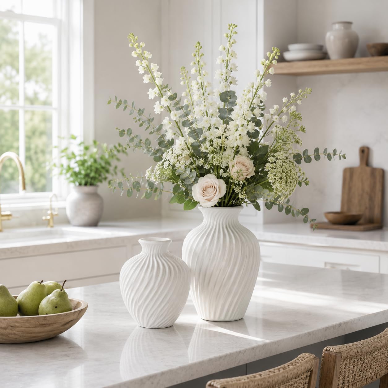 White Ceramic Vase Set of 2 - Modern Flower Vases for Home Decor - Rustic Textured White Vase for Living Room Decor - 8.65×5.5 & 5.5×5.5 Inch Round Vases for Dining Table Centerpiece Decoration