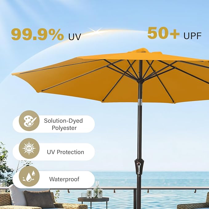 MEWAY 9ft Patio Umbrella Outdoor Table Umbrellas with Push Button Tilt and Crank, Market Umbrella 8 Sturdy Ribs for Deck, Garden, Pool and Backyard, Sun Orange