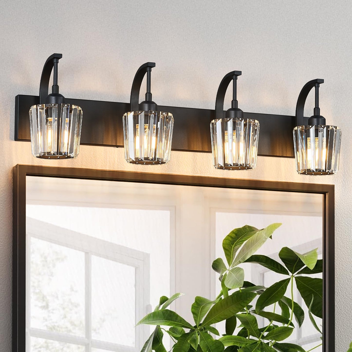 FDPBY Modern Bathroom Vanity Light, 4-Light Black Wall Sconce with Crystal Accents, Over Mirror Bathroom Lighting Fixture, 32.67" Long Dimmable Vanity Lamp for Makeup, Easy Installation