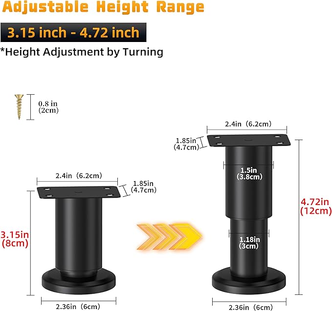Wlrrcwdttc 8 Pcs Metal Adjustable Furniture Legs 3.15-4.72 inch, Adjustable