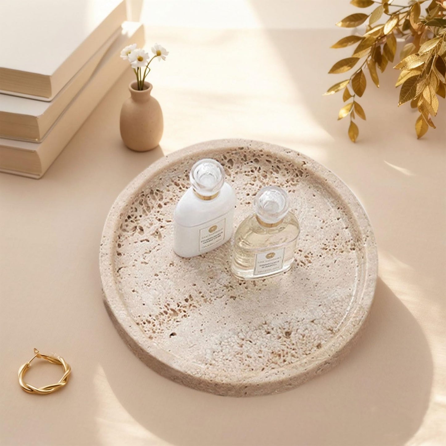 Decorative Books with Natural Travertine Marble Tray – Linen Covered Fake Books & Unique Yellow Stone Serving Tray 8" – Coffee Table Dining Entryway Shelf Decor for Living Room, Perfume, Plant