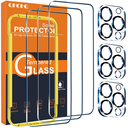 QHOHQ 3 Pack Screen Protector for iPhone 14 Pro 6.1 Inch with 3 Pack Tempered Glass Camera Lens Protector, Ultra HD, 9H Hardness, Scratch Resistant, Case Friendly