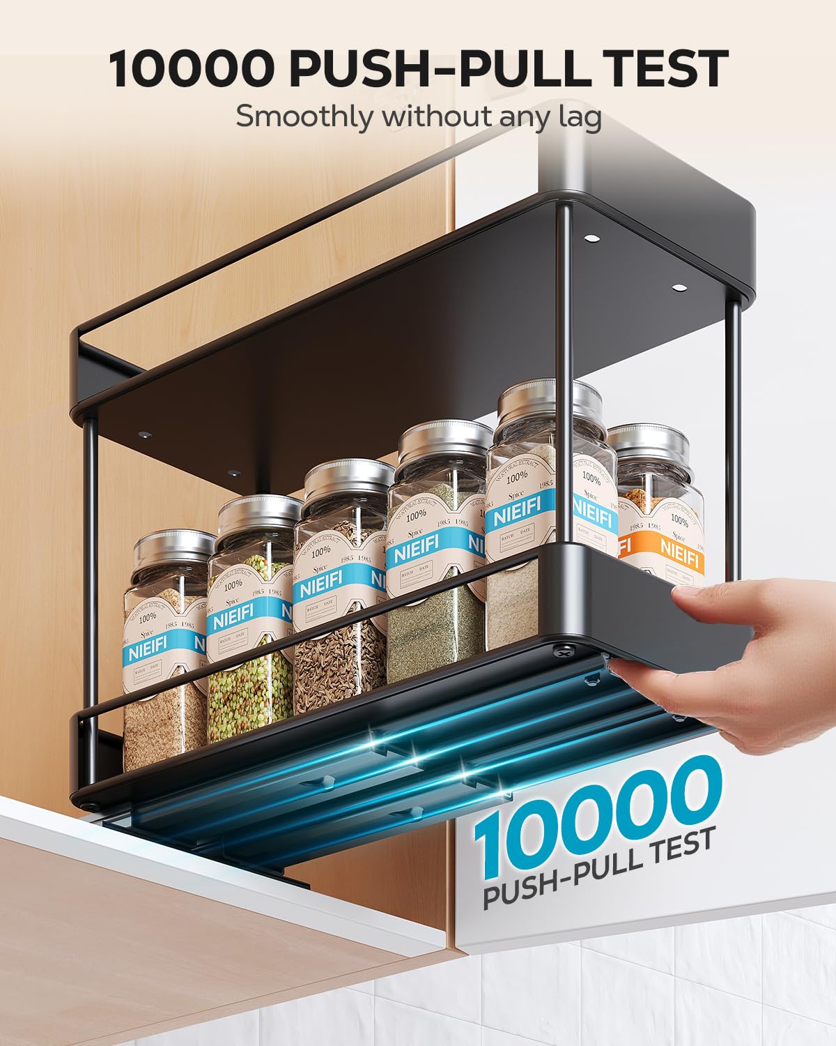 Nieifi Spice Rack Organizer for Cabinet, Vertical Spice Rack Pull Out, Easy to Install, Metal, 4.1''Wx10.35''Dx8.4''H, 2 Pack, 2 Tiers(Black)
