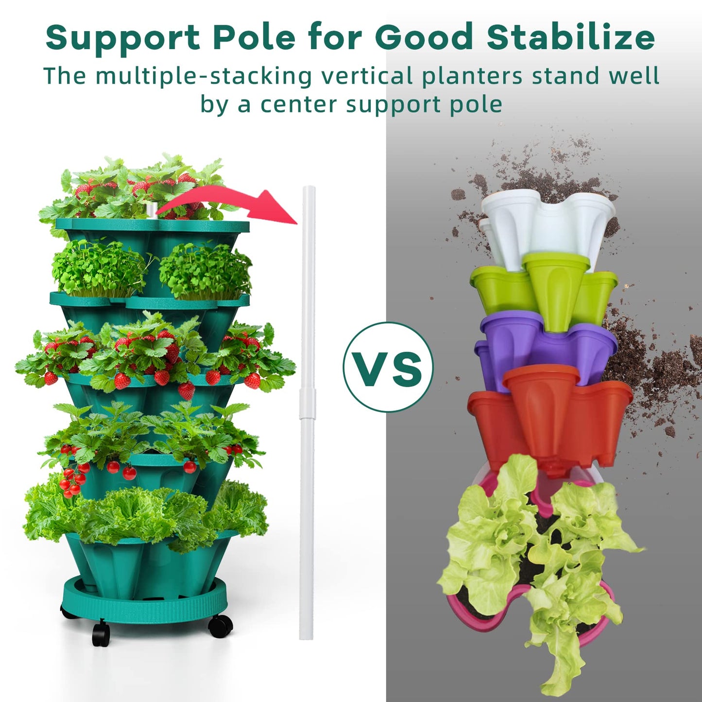 Tectsia Strawberry Vertical Planters Tower Garden, 7 Tiered Stacking Herb Vegetable Planter with Support Pole Indoor and Outdoor - Hunter Green