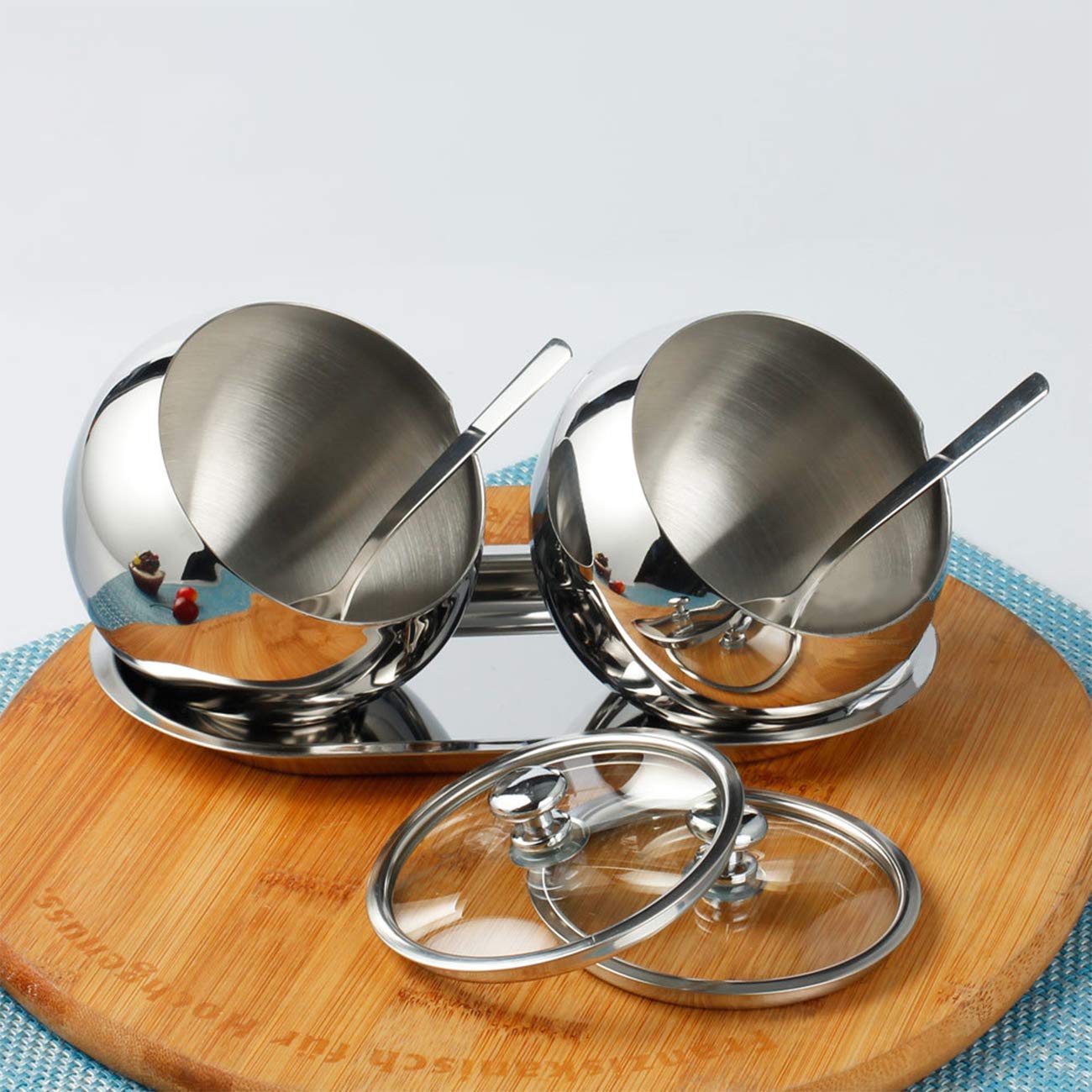 KEMIYIXIAN 2 Polished Shiny Stainless Steel Sugar Bowls for Serving Sugar Pepper Salt Spice- 300ml/ 10oz