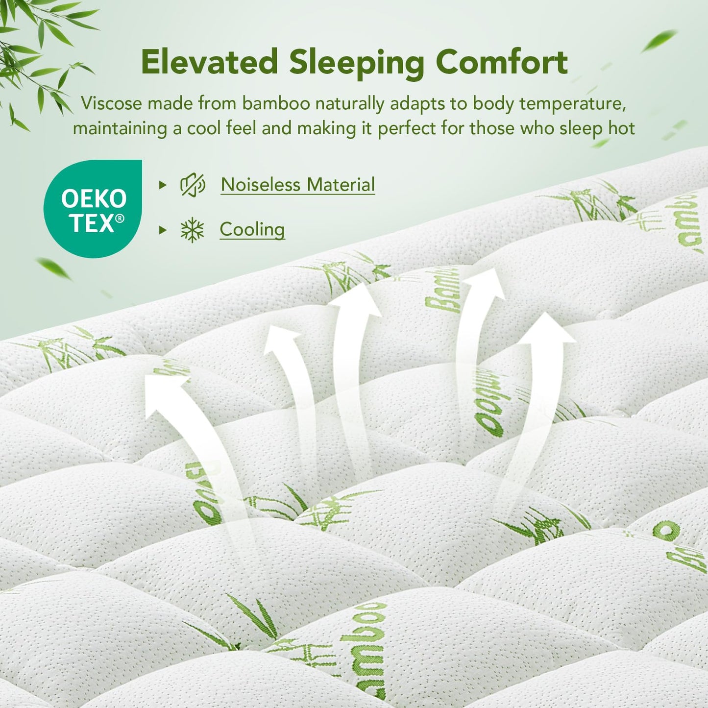 California King Size Mattress Topper Viscose Made from Bamboo, Extra Thick Quilted Pillow Top, Naturally Cooling & Breathable for Hot Sleepers, Back Pain Relief, Deep Pocket Skirt Fits 6-18", Green