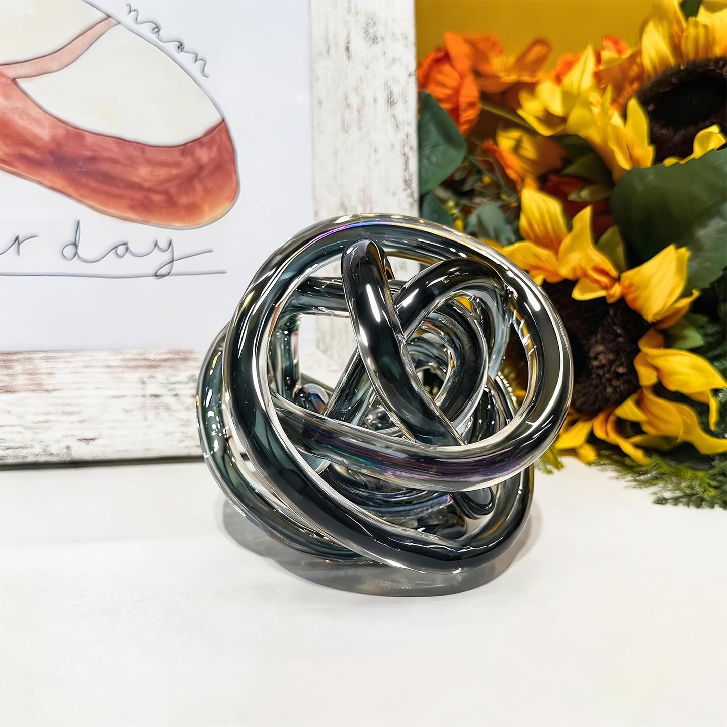 ORRFIDDY Glass Knot Teal Decor Ball - 5 Inch Hand Blown Infinity Sculpture Orbit Home Decor Table Decoration Interio Art