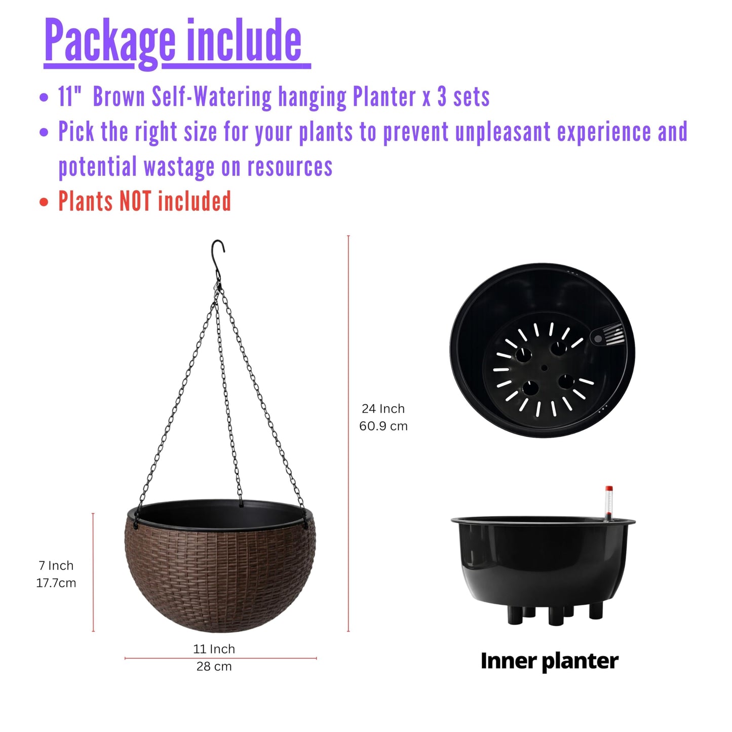 LaLaGreen Hanging Planters for Indoor Plants (11 Inch, 3 Pack) Brown Rattan Style Self-Watering Flower Pots with Water Level Indicator, Plastic Baskets with Metal Chain for Balcony, Porch Garden Decor