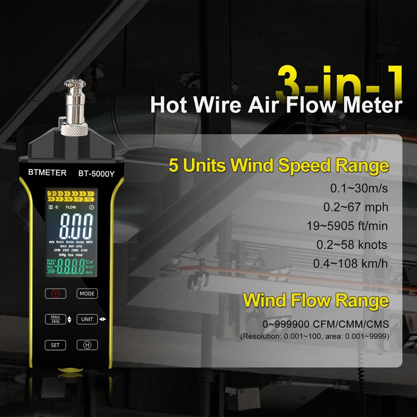 BTMETER Hot Wire Anemometer - CFM/CMM Digital Air Flow Meter, Wind Speed Meter Measure 0.2~67Mph, Thermal Anemometer with 360° Revolve Telescopic Probe for HVAC Duct Air Vent BT-5000Y