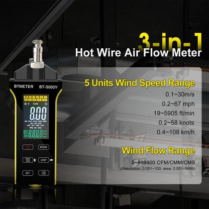 BTMETER Hot Wire Anemometer - CFM/CMM Digital Air Flow Meter, Wind Speed Meter Measure 0.2~67Mph, Thermal Anemometer with 360° Revolve Telescopic Probe for HVAC Duct Air Vent BT-5000Y