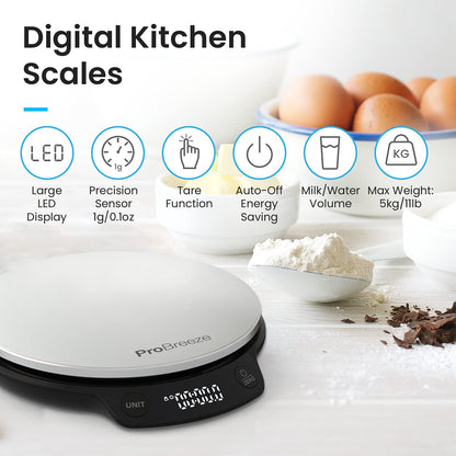 Pro Breeze Kitchen Scales Digital - Stainless Steel Digital Scales Kitchen High Precision Kitchen Weigh Scale for Baking and Cooking in g/ml/fl oz/lb oz