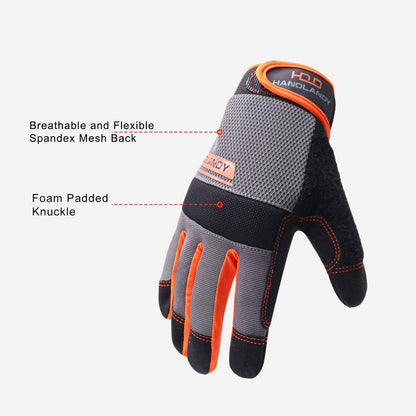 UltraLight Safety Work Gloves, Mens & Women Multi-Functional Work Gloves with Extensive Palm Protection, Mechanic Gardening Construction DIY Gloves with Touchscreen (Small, Orange/Gray)