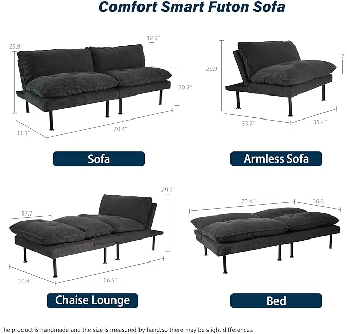 Ribilake 2 Sets 70" Futon Sofa Bed, 4 in 1 Multi-Function Couch Sleeper