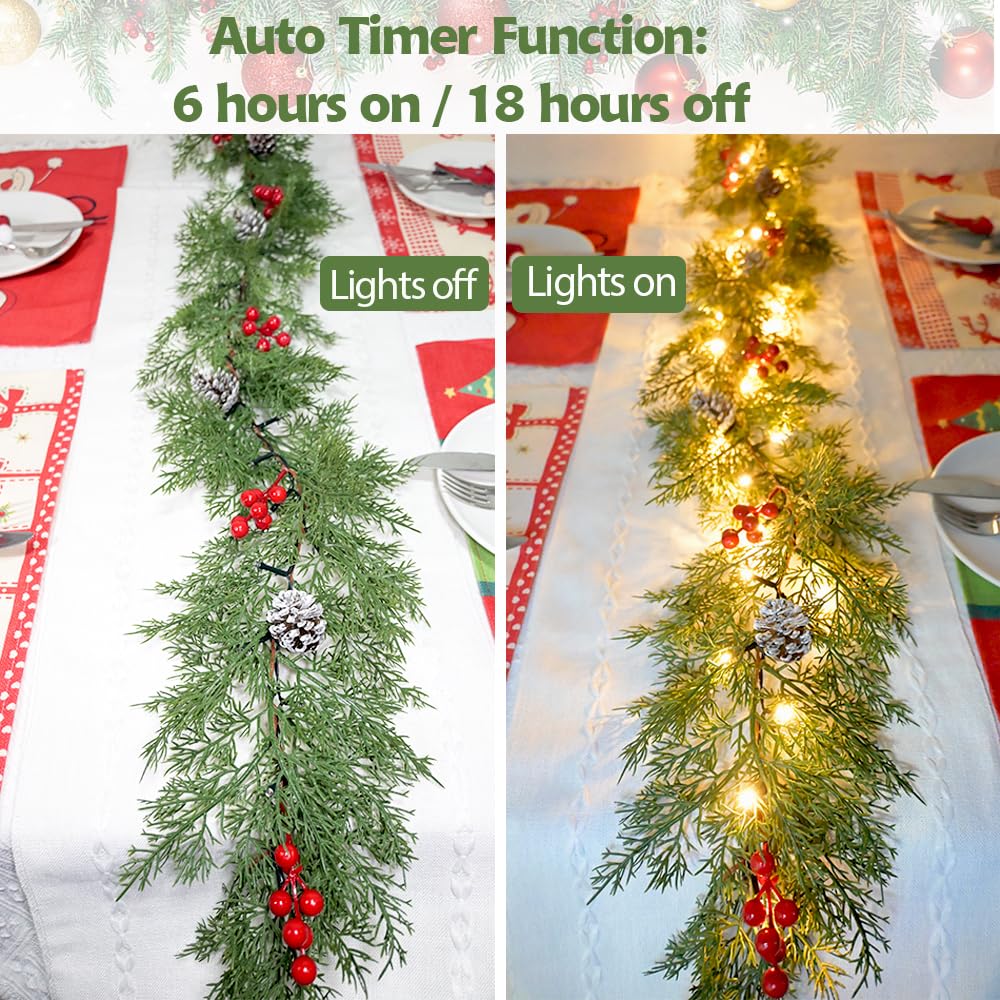 Christmas Garland Lights 6.56FT 40 LED Battery Operated Lighted Garlands with Timer Red Berry Pinecone Cypress Pine Garlands Wreath Christmas Decor for Mantel Stairs Porch Indoor Outdoor Home Decor