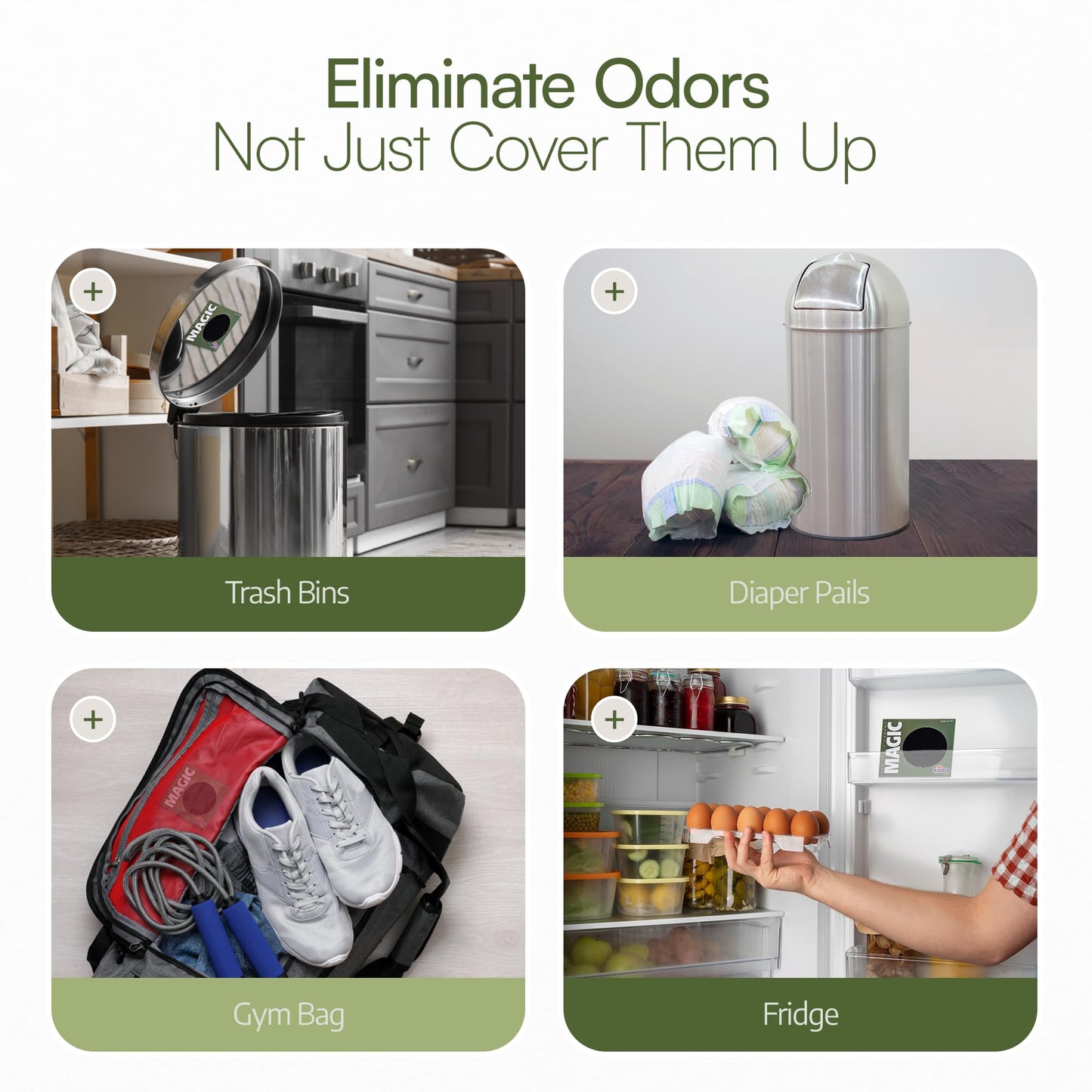 Trash Magic Activated Charcoal Trash Can Odor Eliminator - Peel & Stick Garbage Can Deodorizer - Air Freshener for Fridge, Compost, Drawers & Diaper Pails - Lasts 4 Months - Made in USA (8 Pack)