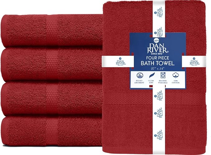 DAN RIVER Bath Towels Set of 4, 27 x 54 Inches, 100% Cotton, Larger & Lighter