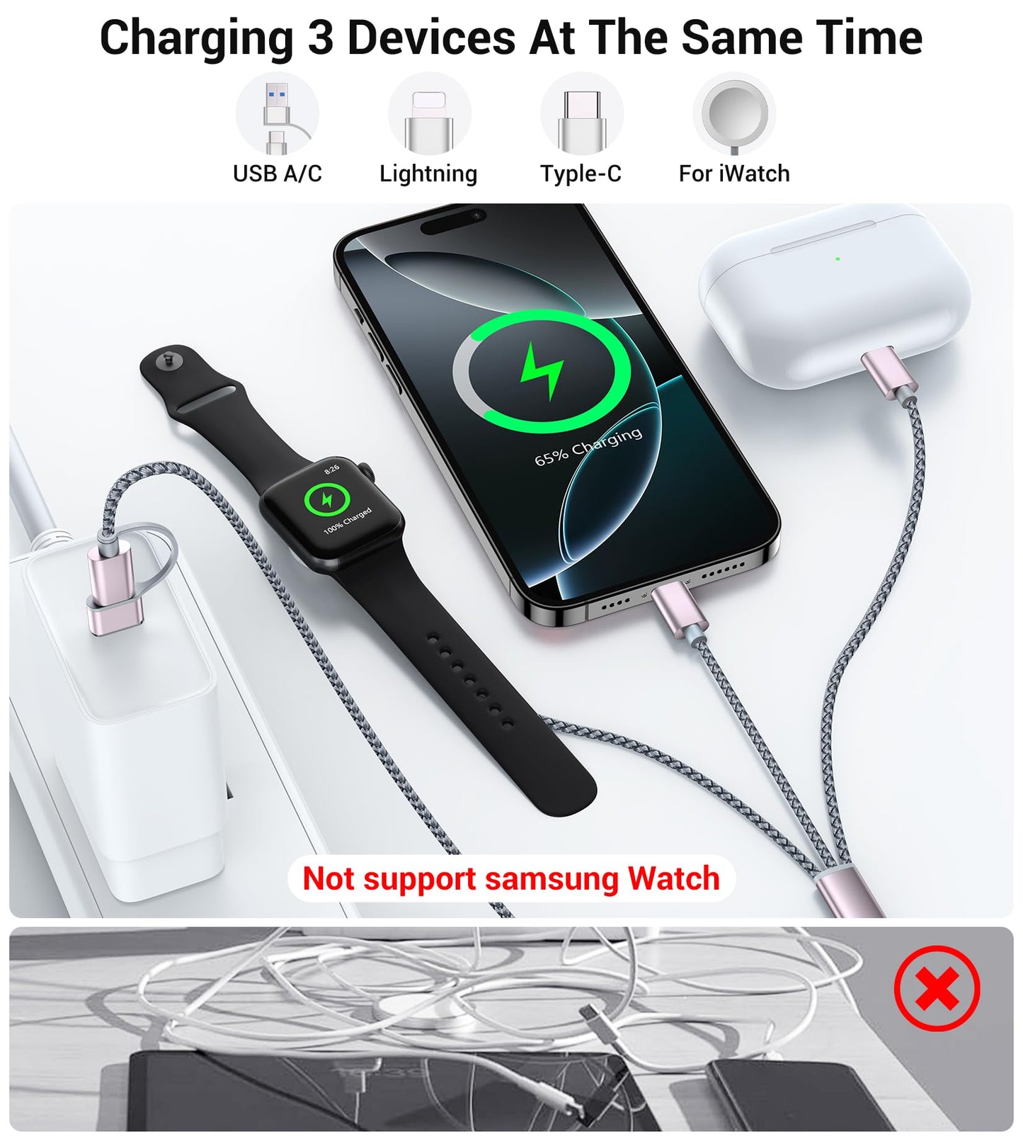 Temdan for Travel Vacation Essentials,3 in 2 USB C Cable for Apple Watch Charger/iPhone 17 Charger/Lightning,Multi Charging Cable Cord,Camping Essentials,Designed for iWatch &iPhone 16-12-5FT Purple