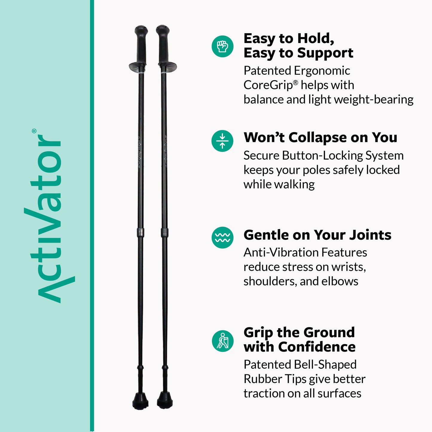 Urban Poling ACTIVATOR® Walking Poles for Balance and Rehabilitation – 1 Pair – Ergonomic CoreGrip™ Handles – Adjustable, Collapsible, and Lightweight for Stability and Recovery in Evening Black