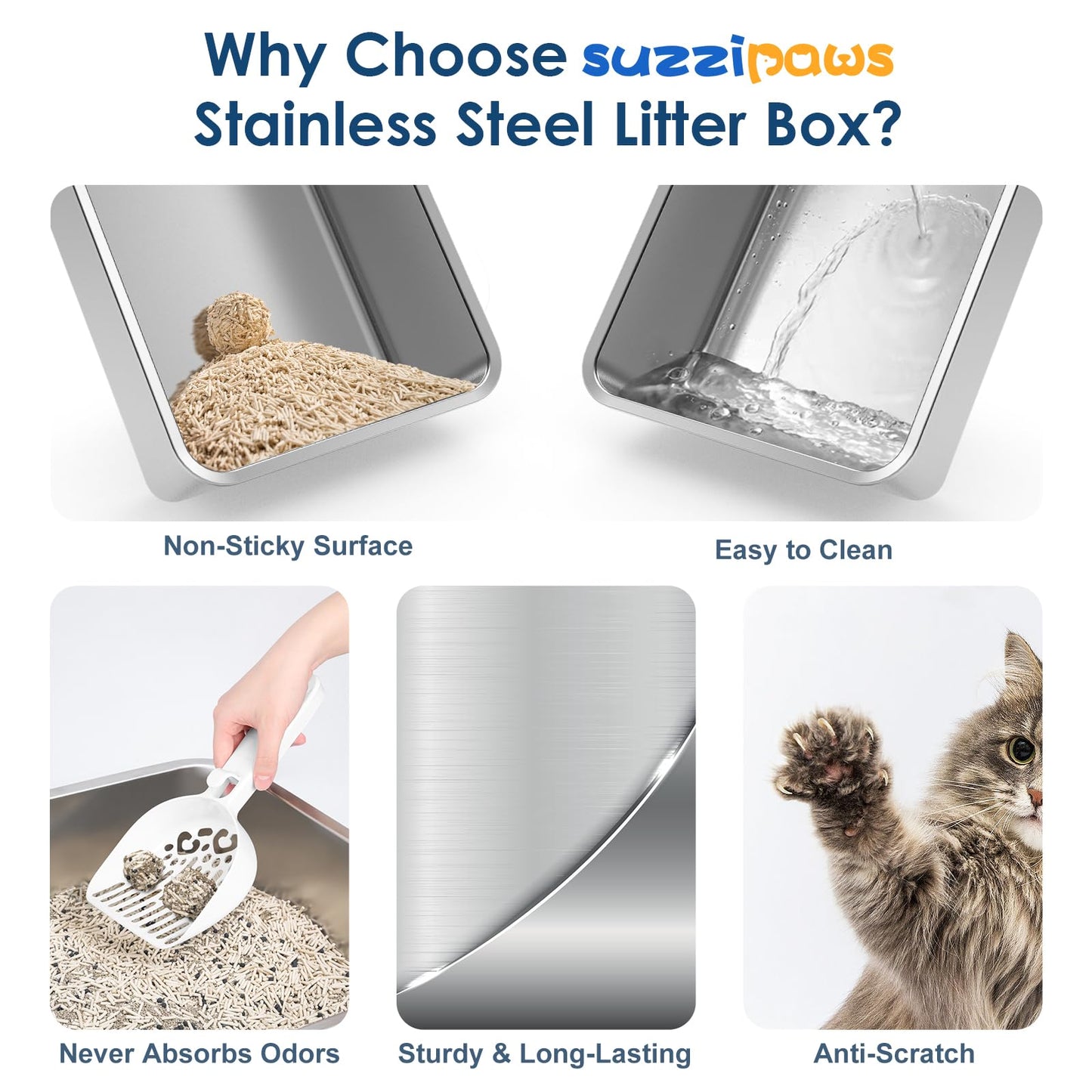 Suzzipaws Enclosed Stainless Steel Cat Litter Box with Lid Extra Large Litter Box for Big Cats XL Metal Litter Pan Tray with High Wall Sides Enclosure, Non-Sticky, Anti-Leakage, Easy Cleaning