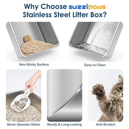 Suzzipaws Enclosed Stainless Steel Cat Litter Box with Lid Extra Large Litter Box for Big Cats XL Metal Litter Pan Tray with High Wall Sides Enclosure, Non-Sticky, Anti-Leakage, Easy Cleaning