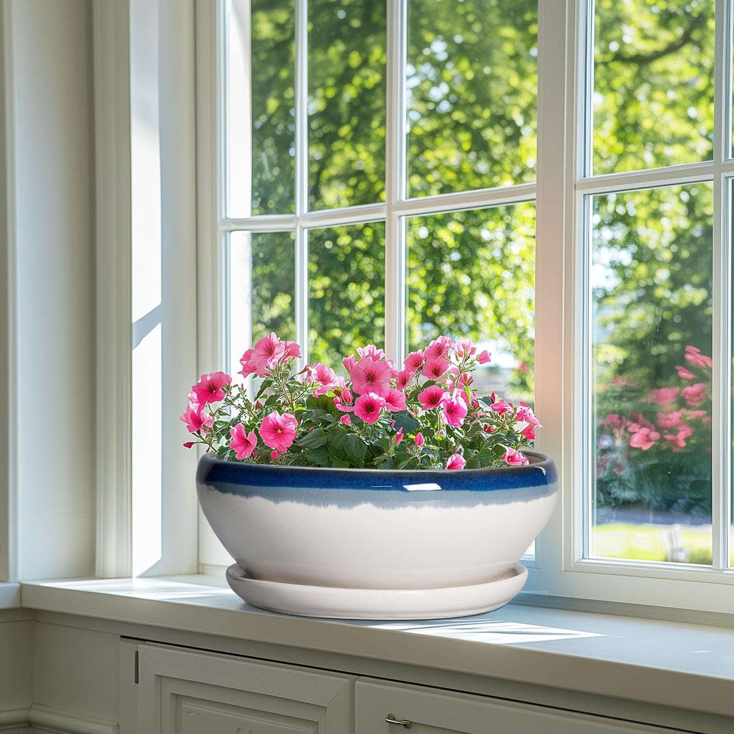SQOWL Bonsai Tree Pots - 12 Inch Ceramic Succulent Planters, Large Bonsai Pot with Drainage Hole and Tray, Shallow Planter Indoor, Bowl Round Planter, Home Decor, Plant Lover Gift, Blue Off-White