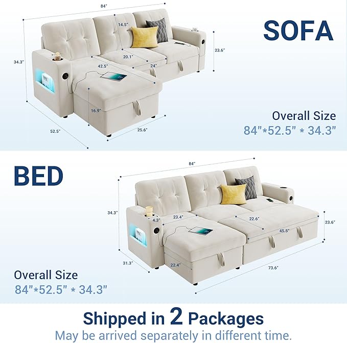 GarveeHome 84 Inch Sleeper Sofa Couch, L-Shaped Couches, Convertible Pull Out