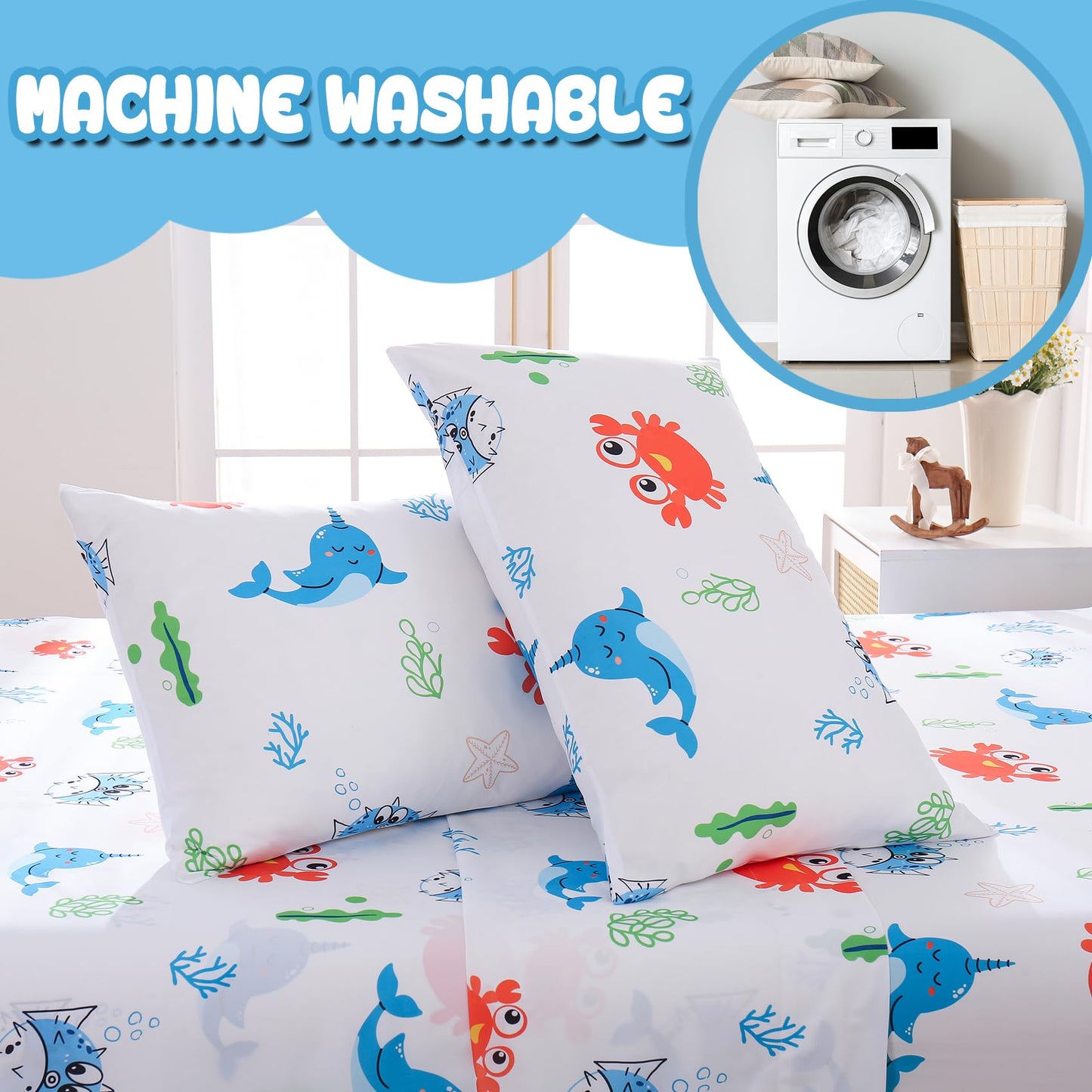 Yibeizi Full Size Sheet Sets Kids Beach Bedding Coastal Bed Sheets for Boys Ocean Print Bedsheets Microfiber Deep Pocket Nautical Patterned Bed Sheet & Pillowcase Sets 4 Pieces