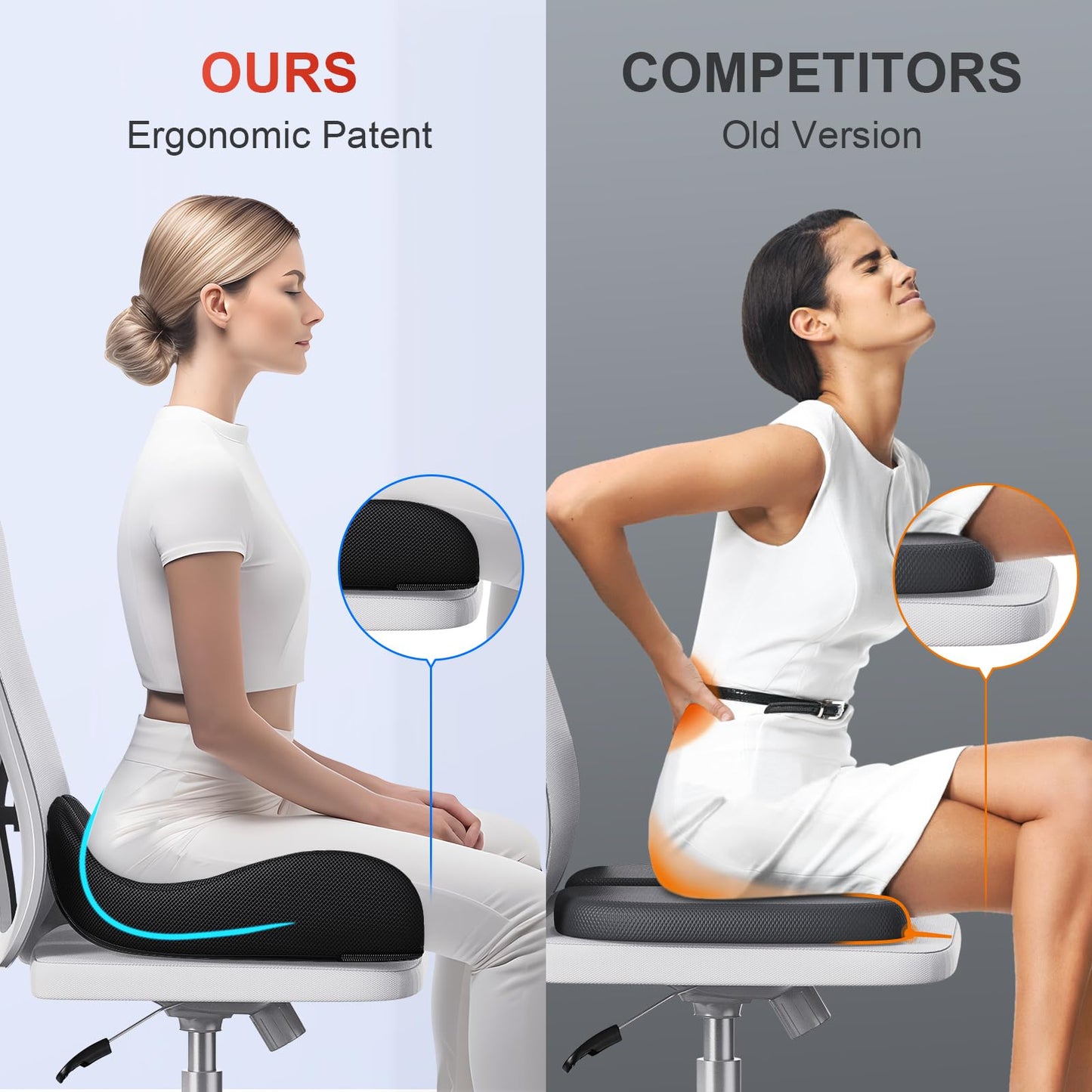 Benazcap X Large Memory Seat Cushion for Office Chair Ergonomic Cushions Pad Pillow for Pressure Relief Sciatica & Pain Relief Memory Foam for Long Sitting for Gaming Chair and Car Seat Black