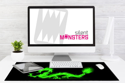 Silent Monsters Mouse Mat Size XX Large 35 x 16 inches / 90 x 40 cm, Fire Dragon, Stitched Edges, washable & rollable Mouse Pad, Gaming Home Office Mousemat, Mousepad non-slip & quiet, Desk Mat XXL