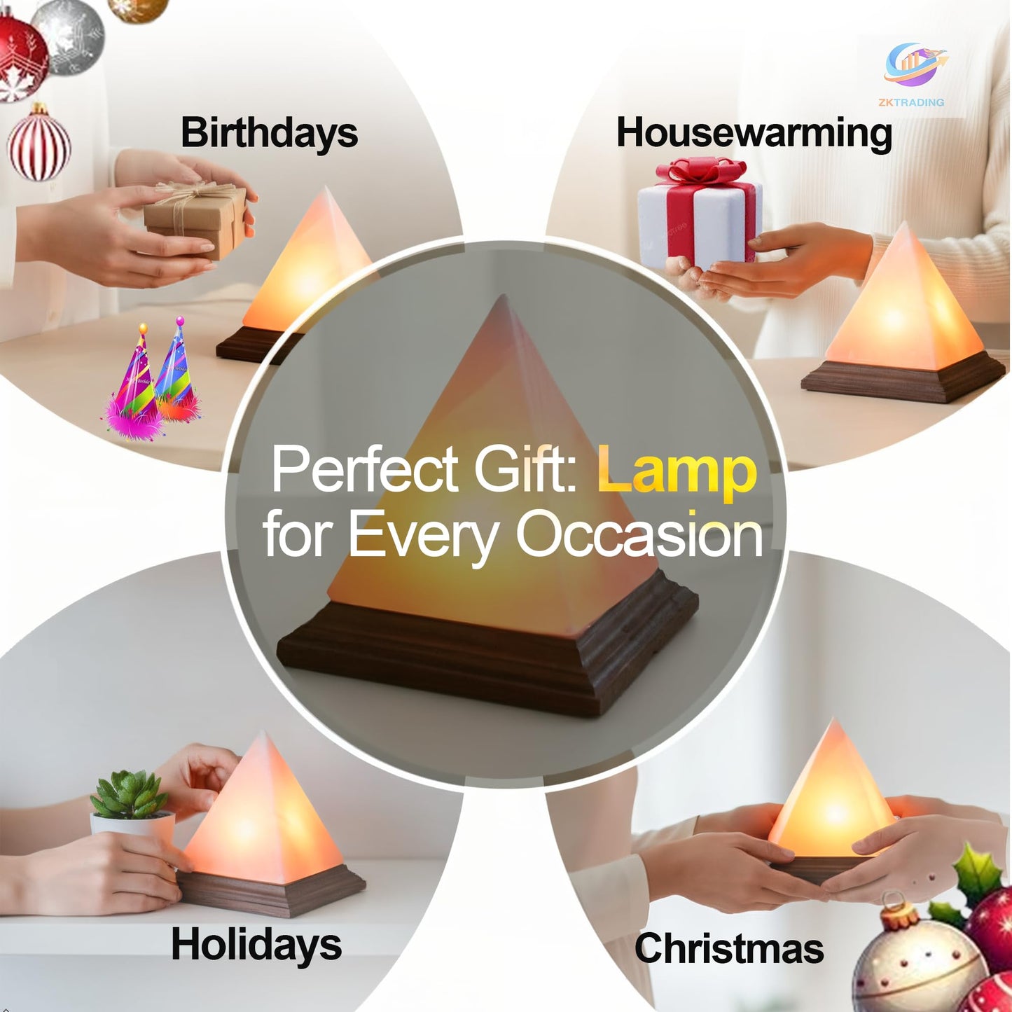 ZKTRADING Himalayan Pink Salt Pyramid Lamp 7 Inch Tall with Dimmer Switch, Handcrafted Natural Crystal Salt Lamp, Warm Yellow Glow Night Light for Bedroom, Office & Home Decor Gift