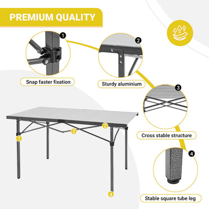 KingCamp KC2133_Black/Silver-USVC1 Portable Stable Table for Outdoor Picnic, Camping, Barbecue and Backyard Party, 4-6 Person, 53.5"×27.5"