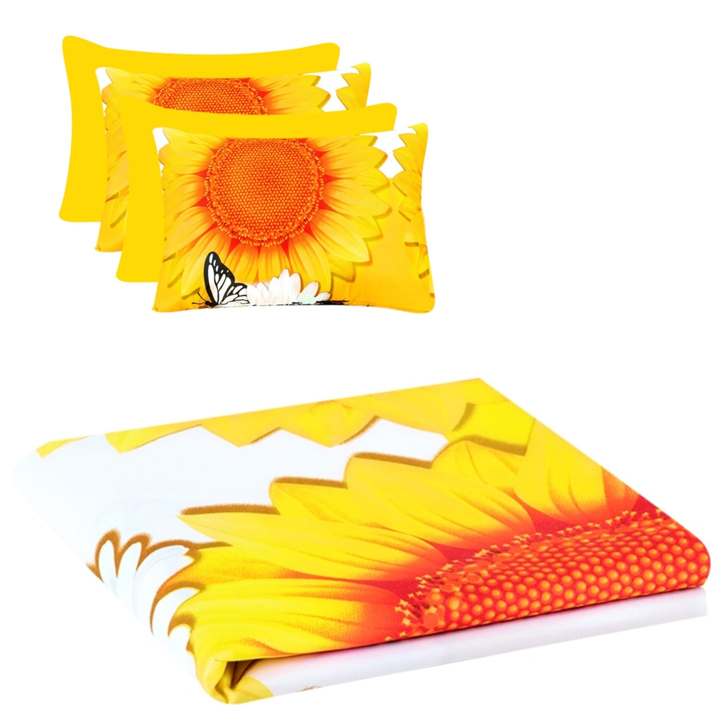 6Pcs Bed Sheet Set Queen Size, Cute Sunflower Floral Printed Soft Microfiber Bedding Sets with 1 Butterfly Patterned Sheet 1 Deep Pocket Fitted Sheet and 4 Pillowcases, Yellow