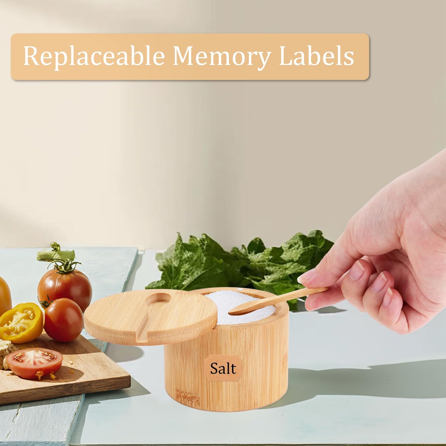 JIABEIUS 3Pcs Bamboo Salt Box with Swivel Lid and Spoon, Salt Cellar Containers with 8pcs Label Stickers, Wooden Spice Jars for Kitchen to Storage Pepper, Sugar, Herbs, Seasonings
