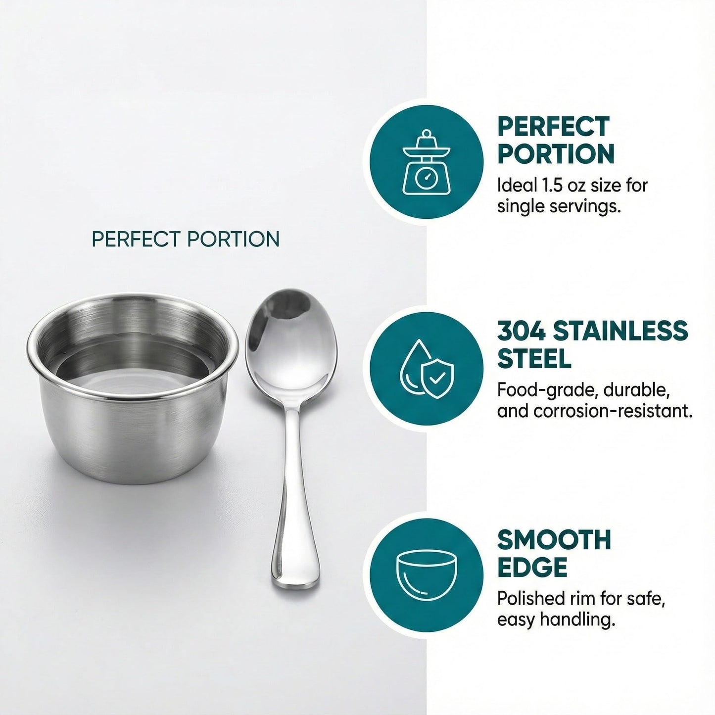 CathJune 100 Pcs 1.5 oz Stainless Steel Ramekins, Metal Dipping Sauce Cups, Small Condiment Cups for Kitchen, Restaurant, Camping, BBQ, Party and Seafood