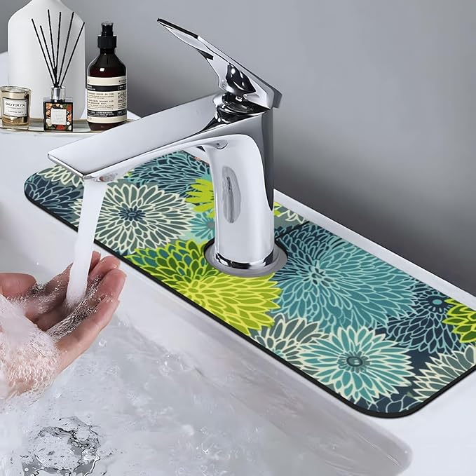 Kitchen Faucet Mat 15 x 5.5 Inch Abstract retro flower Faucet Draining Mat