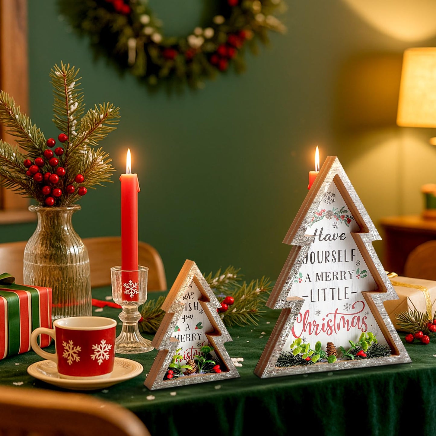 Pinkunn 2 Pcs Christmas Decorations for Home Farmhouse Christmas Tree Decor with Pinecones Rustic Wooden Xmas Centerpiece Natural Decorative Block Tabletop Sign for Xmas Party Holiday Table Home Decor