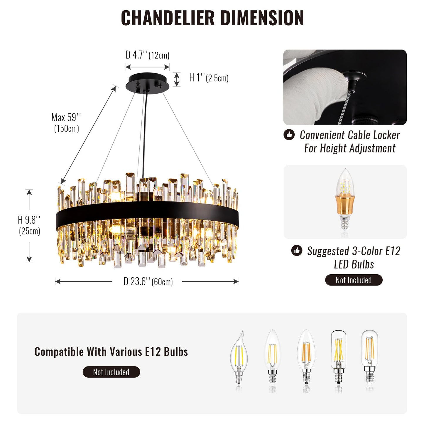 Siljoy 23.6'' Modern Crystal Chandelier, Luxury 2-Tiers Raindrop K9 Crystal Adjustable Flush Mount Hanging Ceiling Light for Dining Living Room Kitchen Entryway Foyer, E12 x 12, Matte Black