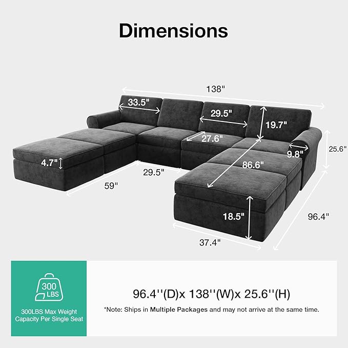 Novilla 138" Modular Sectional Sofa, Modular Sectional Couches