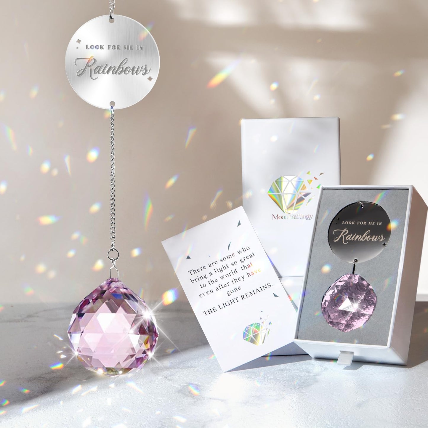 Mooncraftlogy Memorial Gifts for Loss of Loved One, Unique Sympathy Idea, Pink Crystal Ball Grief Suncatcher, Rainbow Bereavement Box for Mom Dad Husband Son Daughter
