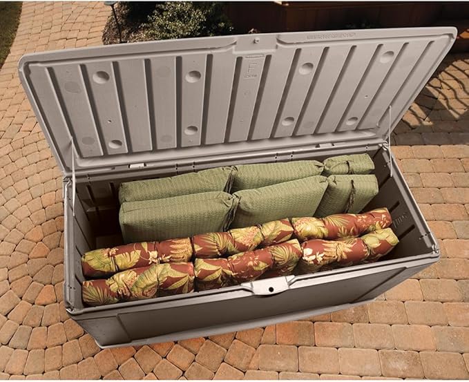 Rubbermaid Extra Large Resin Outdoor Storage Deck Box with Seat (120 Gal), Weather Resistant, Brown, Deck Organization for Home/Backyard/Pool Chemicals/Toys/Garden Tools/Porch/Patio Cushions
