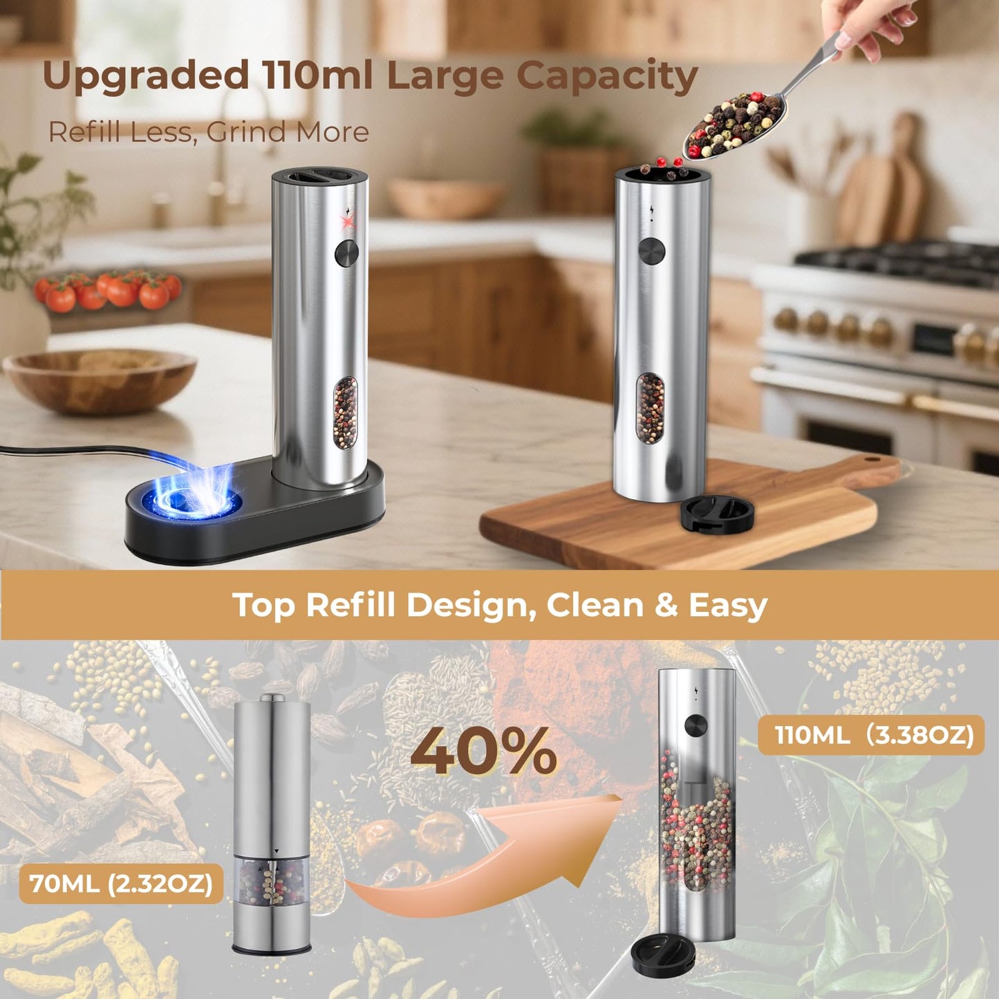 Electric Salt And Pepper Grinder Set, Rechargeable Dual Charging Base, Automatic Refillable Pepper Mills, with 110ml Large Capacity, Adjustable Coarseness & LED Light, Ideal for Kitchen, Outdoor & BBQ