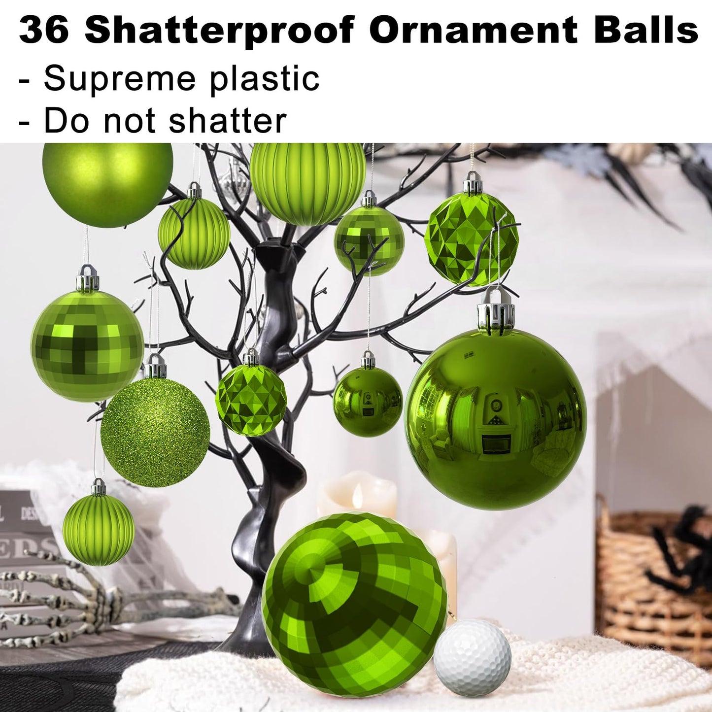 Lime Green Christmas Ornaments - Christmas Tree Decorations Shatterproof Hanging Balls for Birthday St. Patrick's Day Easter Mardi Gras Wedding Decorations Set of 36pcs, Multi-Sizes(1.6",2.5",3.2")