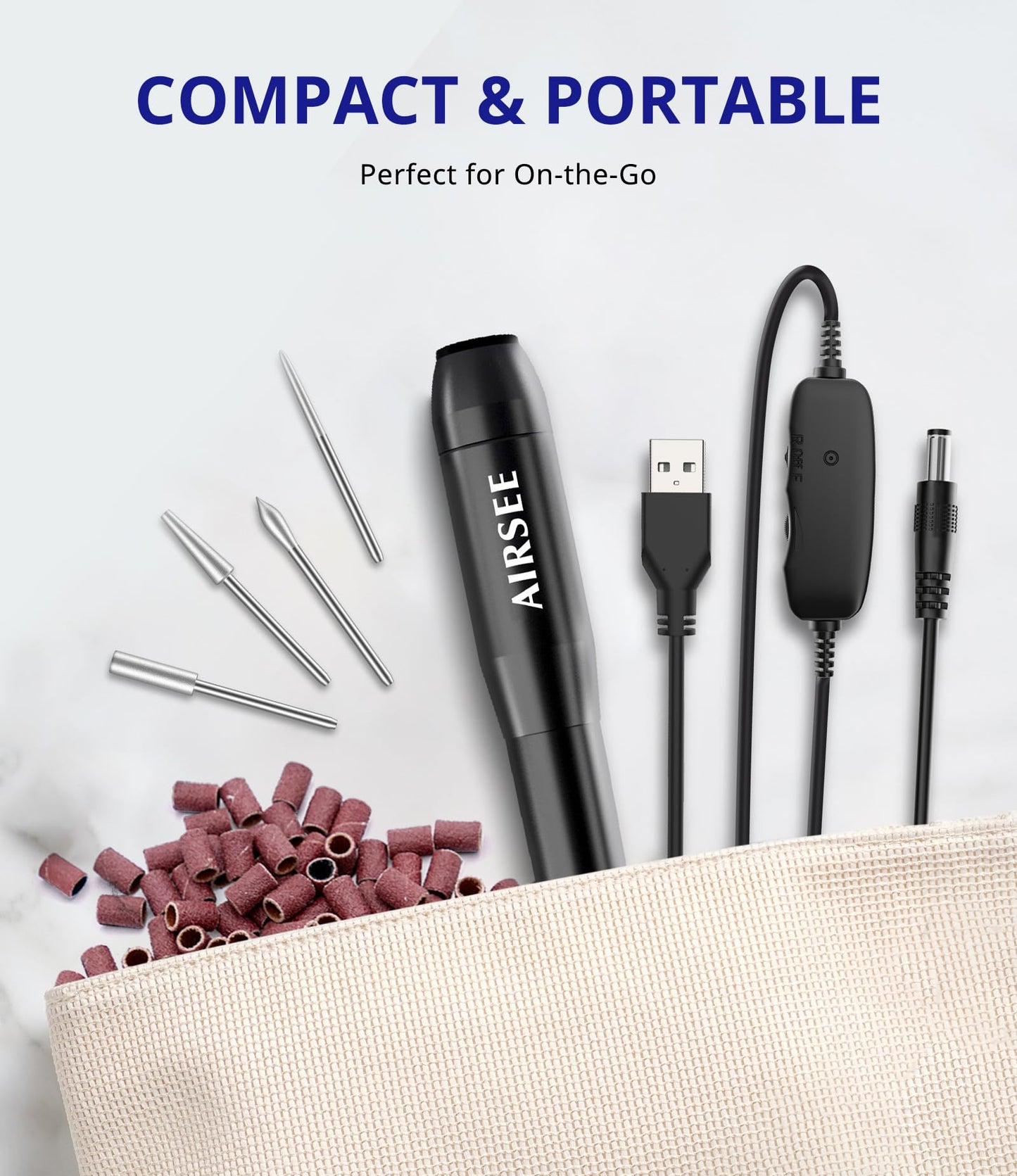 AIRSEE Home Lite USB Mobile Nail Drill Machine for Beginners Portable Nail File Manicure Pedicure Dremel Kit with 6 Bits 26 Sanding Bands for Home Acrylic Gel Nails Polishing DIY,Purple
