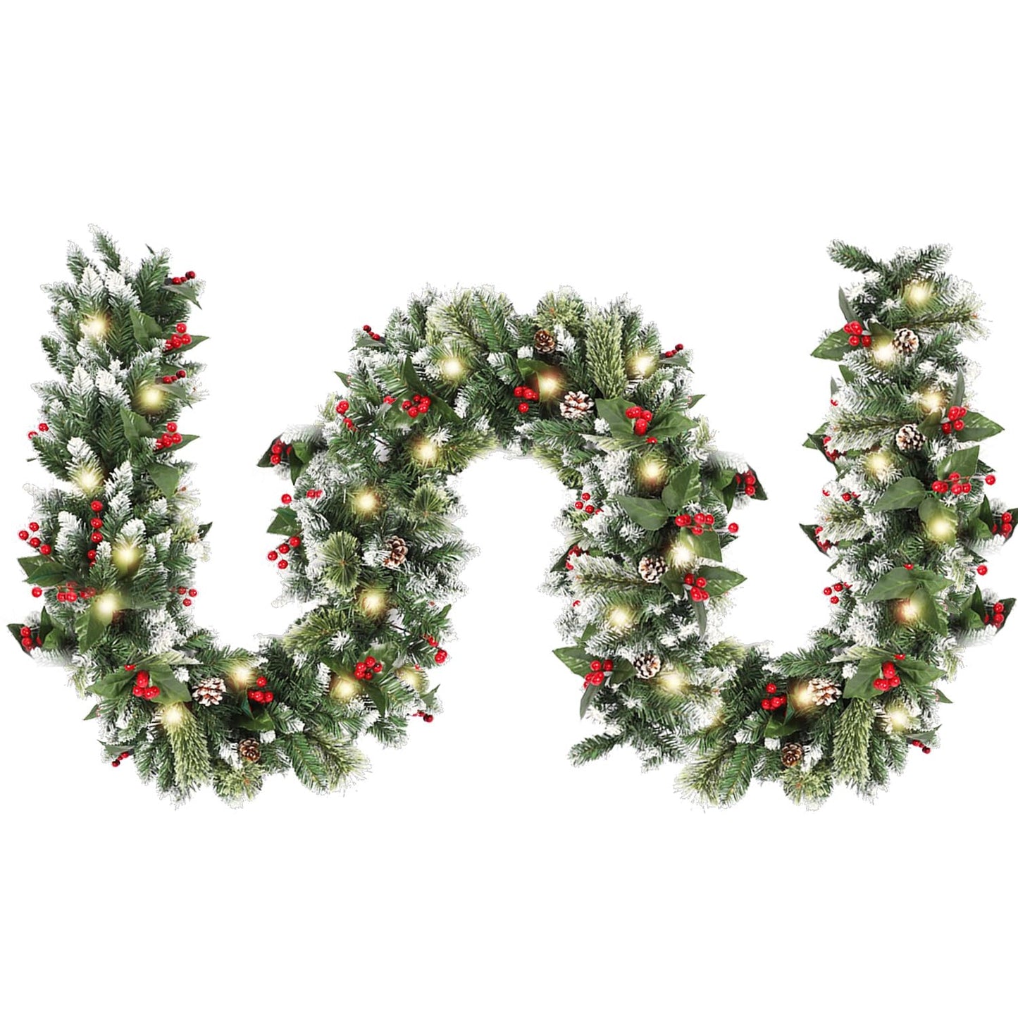 HipTree 9ft Christmas Garland with Lights,Lighted Artificial Flowering Pine Garland for Mantle,Prelit Faux Green Christmas Winter Garland with Pine Cones and Red Berry for Indoor Outdoor Decor