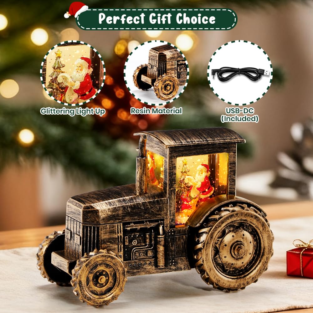 Christmas Musical Tractor Snow Globe with Santa Scene, Retro LED Holiday Decoration with 8 Christmas Songs, 6H Timer and Warm Lights, Festive Gift, Tabletop Decor