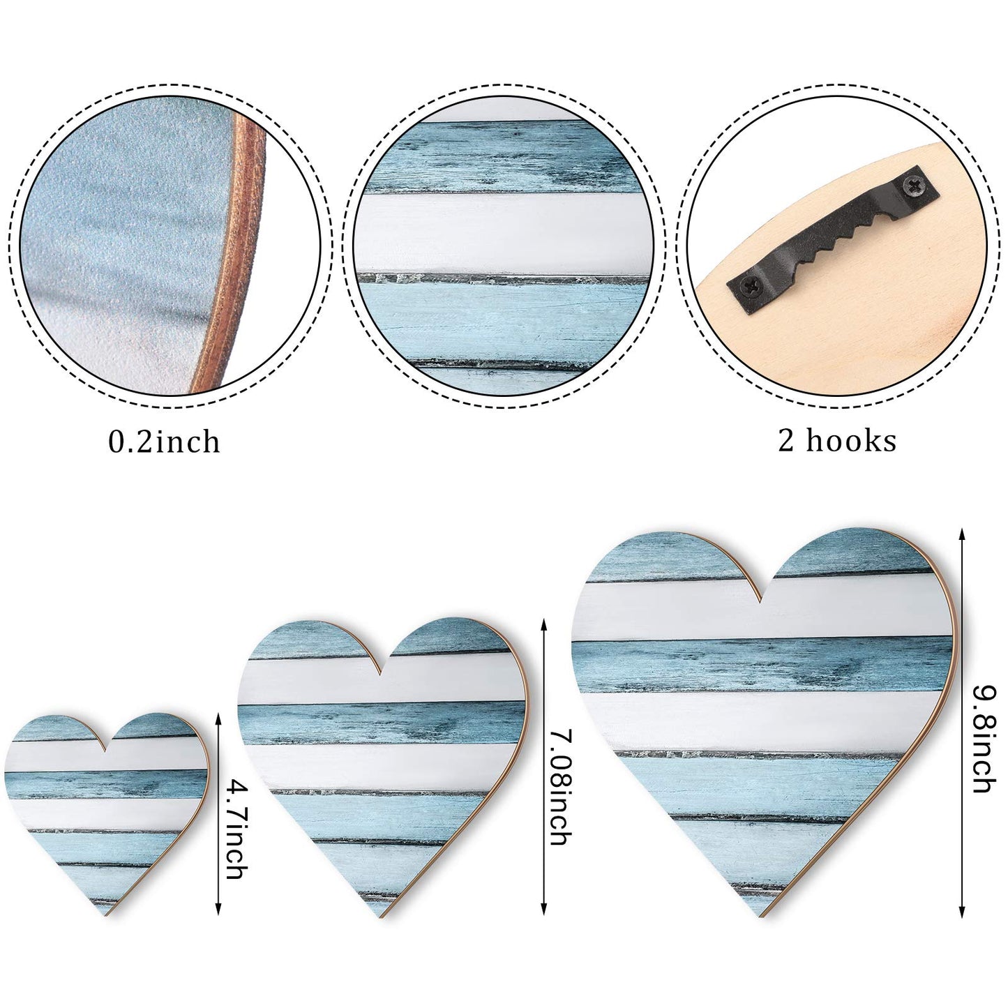 Jetec 3 Pcs Wood Heart Wall Decor Heart Shaped Wooden Sign Rustic Hanging Love Plaque for Kitchen Bedroom Bathroom Living Room Home Farmhouse gifts, 3 Sizes