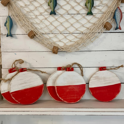 Threehoney 5 Pcs Fishing Bobbers Floats Table Decorations Red and White Wooden Bobbers Decor 4 x 3.5 Inch Farmhouse Wood Summer Table Centerpieces for Fishing Birthday Party Nautical Lake House Decor