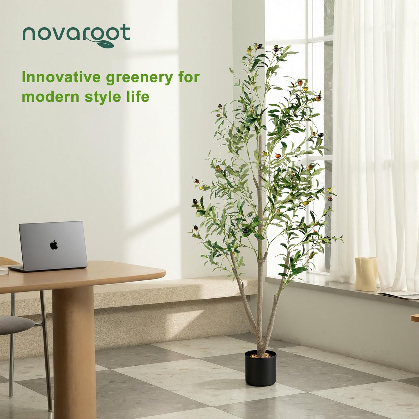 Olive Trees Artificial Indoor, 5FT Tall Faux Olive Tree with Moss and Planter, Artificial Plants Indoor with Natural Wood Trunk and Lifelike Fruits, Fake Tree for Home Office Living Room Decor
