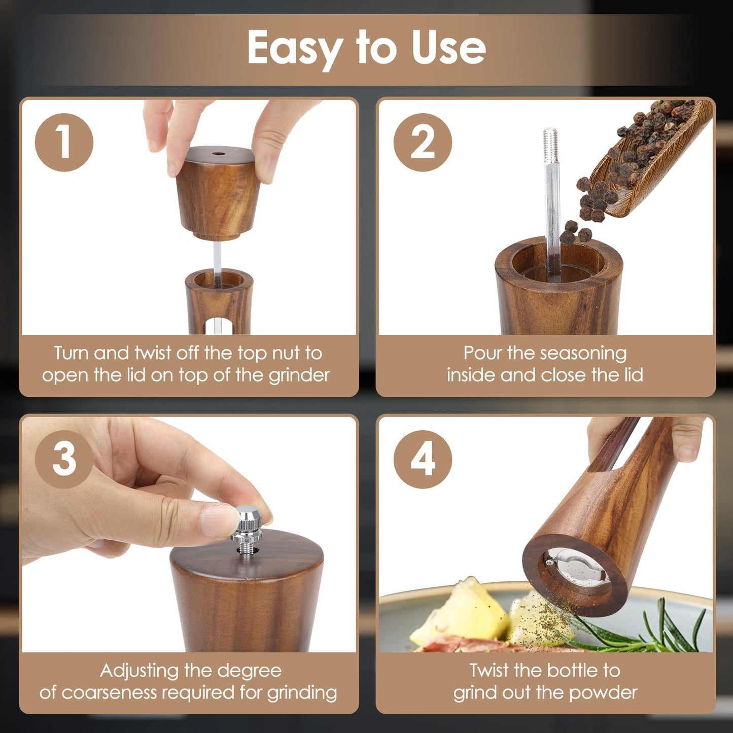 Foyucool 2 Pack Wooden Salt and Pepper Grinder Set, 8 inch Manual Salt and Pepper Mill with Brush and Spoon, Adjustable Coarseness, Refillable Pepper Grinder for Kitchen, Transparent