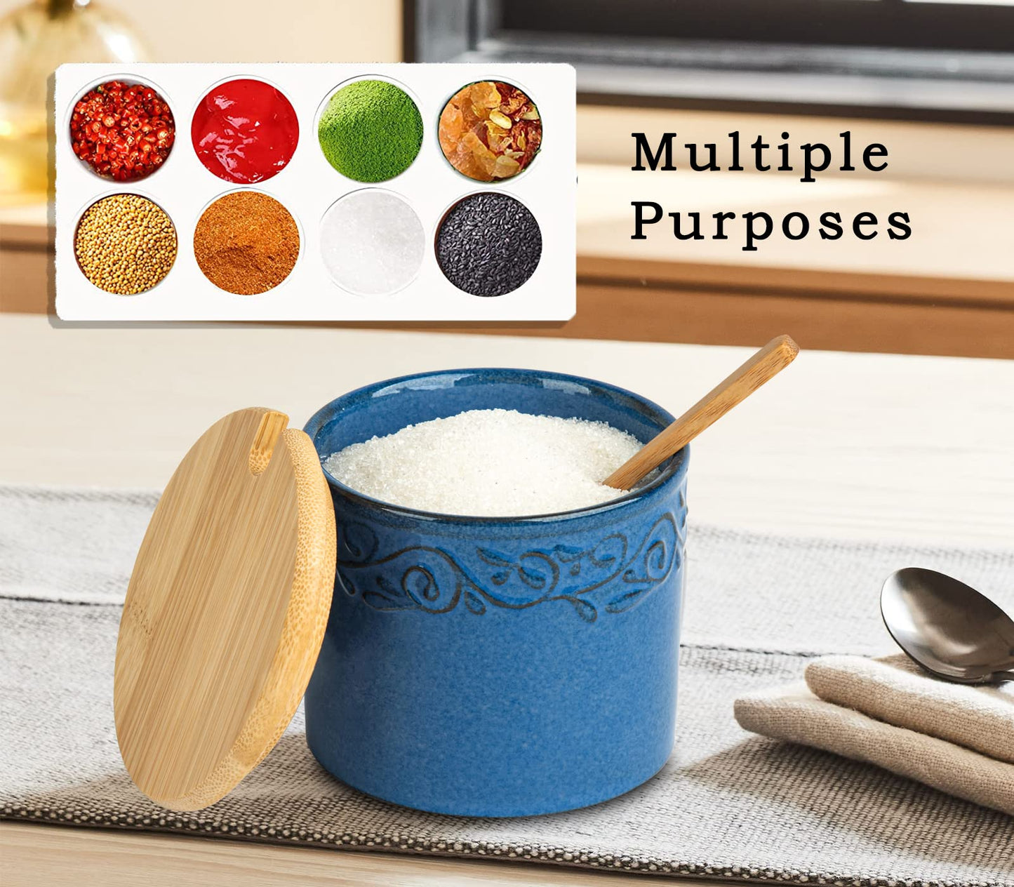dgudgu Sugar Bowl With Lid And Spoon Blue Ceramic Jar Sugar Cube Container Sugar Dish With Lid And Spoon Sugar Cube Holder